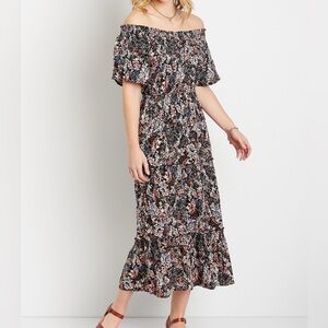 Maurices Black Multi Ditsy Floral Smocked Neck Midi Dress Tiered Medium Women’s